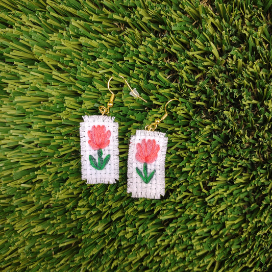 Hand Embroidered Pink Flower Earrings