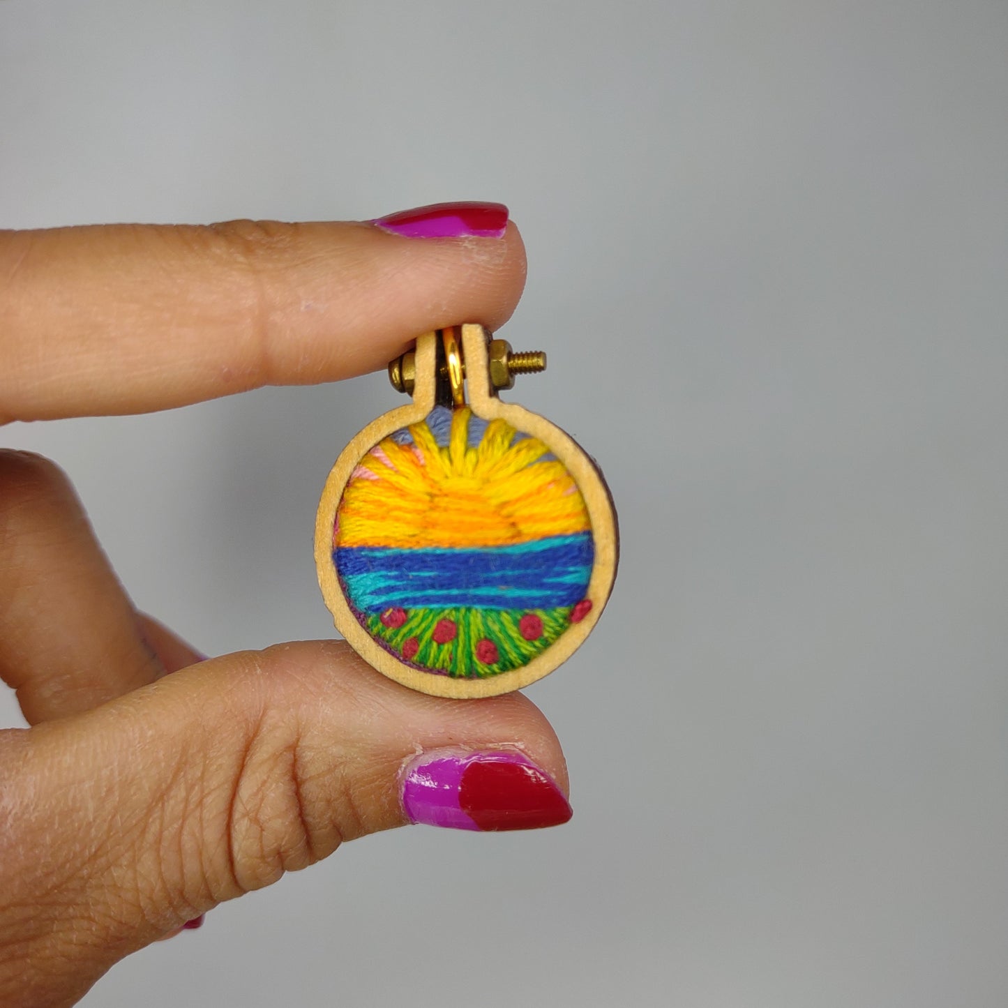 Handmade Embroidered Sunset by the Lake Flower Field Landscape Pendant Necklace
