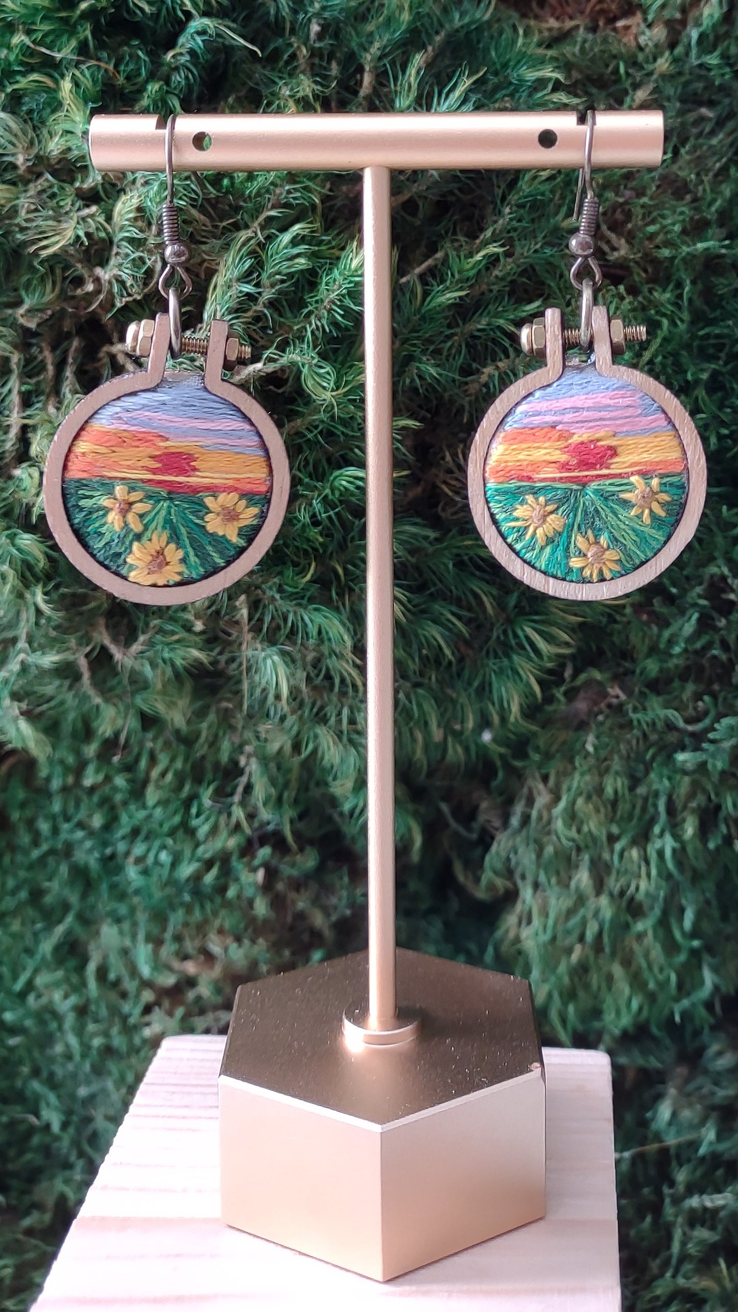 Sunflower Field Handmade Embroidered Landscape Pendant Necklace/ Earrings