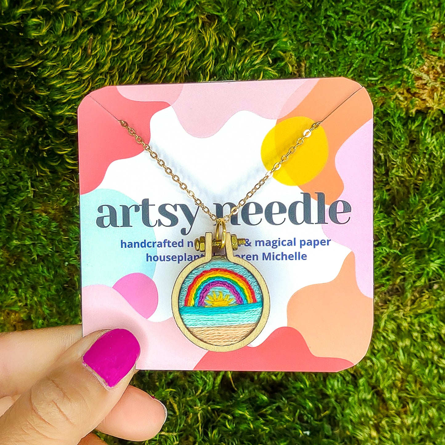 Handmade Embroidered Rainbow Beach Landscape Pendant Necklace