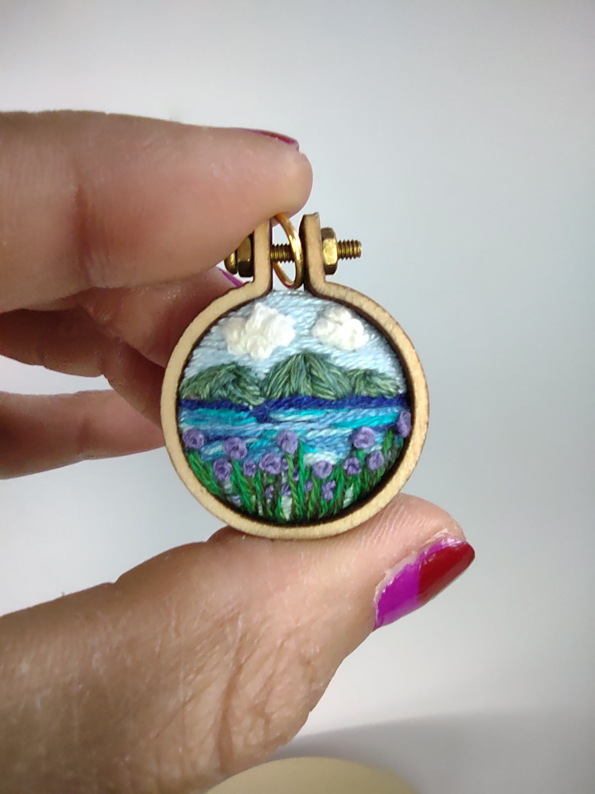 Handmade Embroidered Mountain Lake Landscape Pendant Necklace