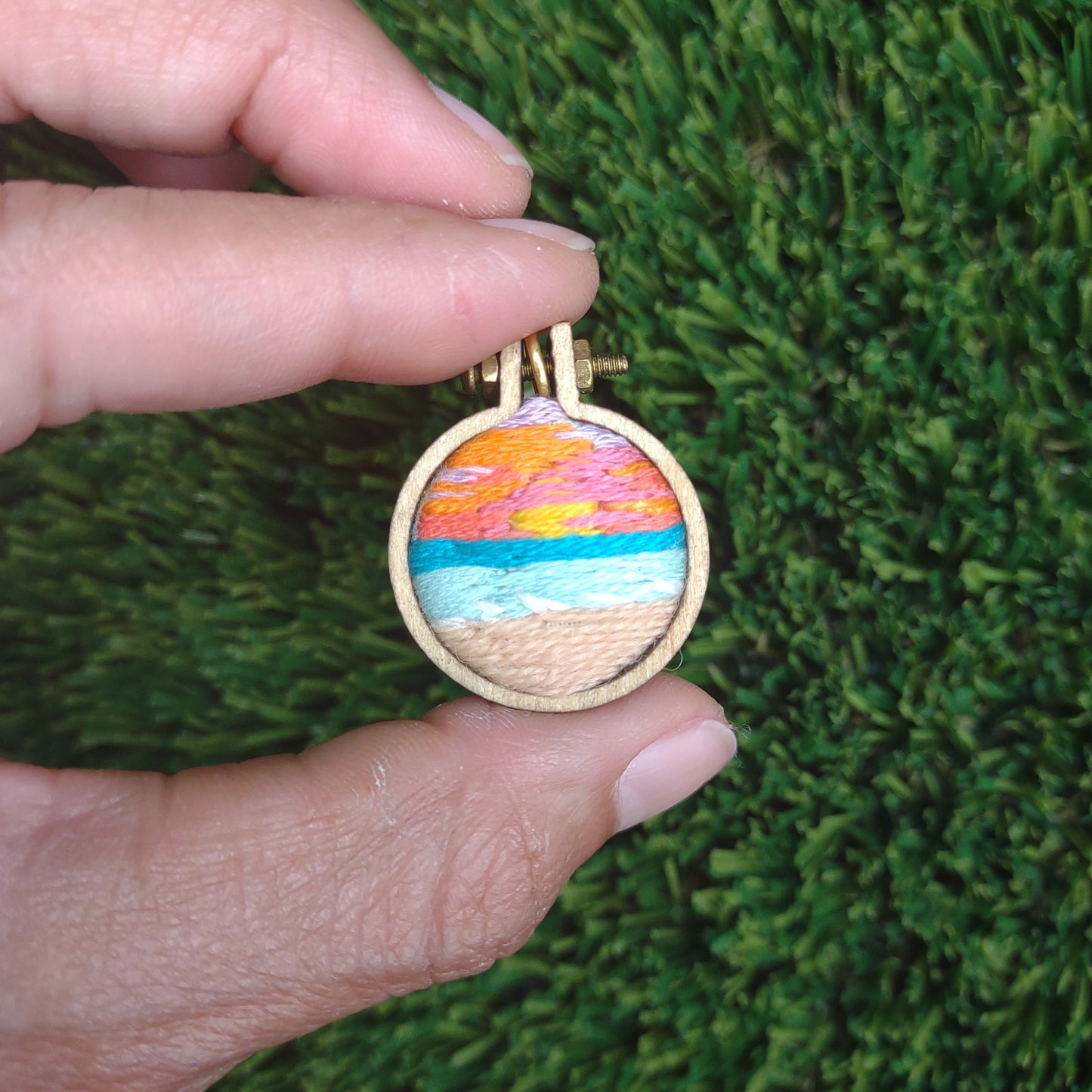 Handmade Embroidered Sunset by the Bay Landscape Pendant Necklace