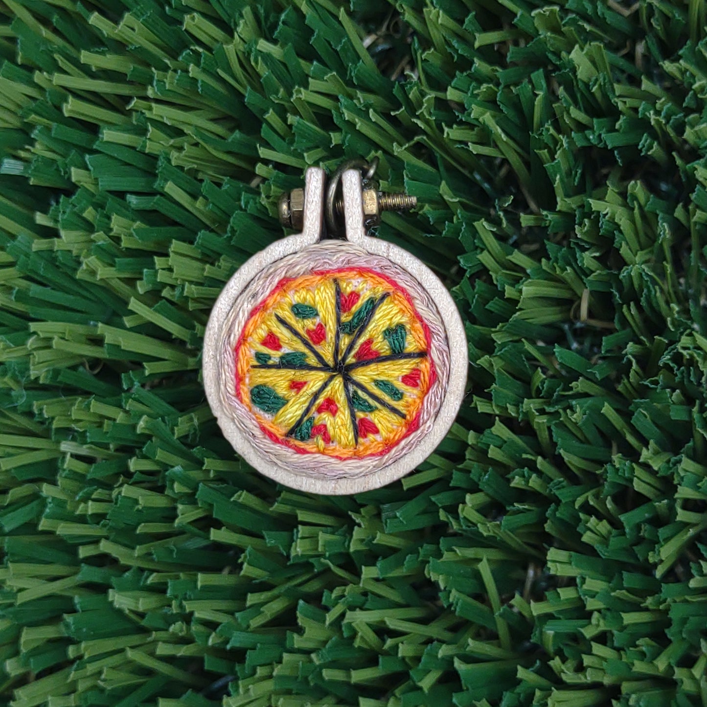Handmade Embroidered Veggie Pizza Necklace