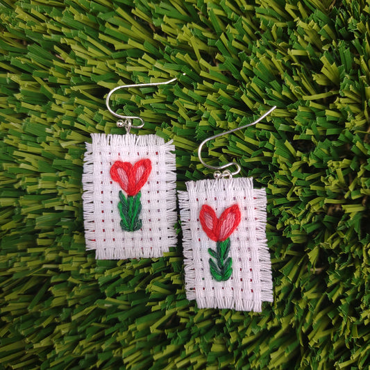 Hand Embroidered Red Heart Flower Earrings