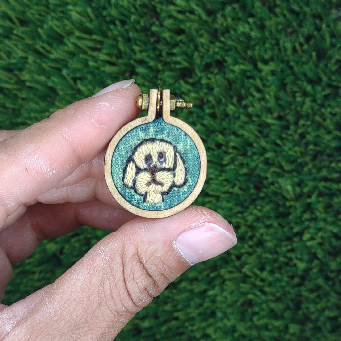 Hand Embroidered Cute Dog Pendant for Necklace or Keychain