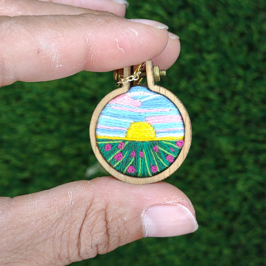 Handmade Embroidered Sunrise Flower Field Landscape Pendant Necklace