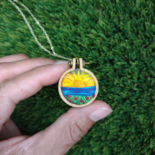 Handmade Embroidered Sunset by the Lake Flower Field Landscape Pendant Necklace