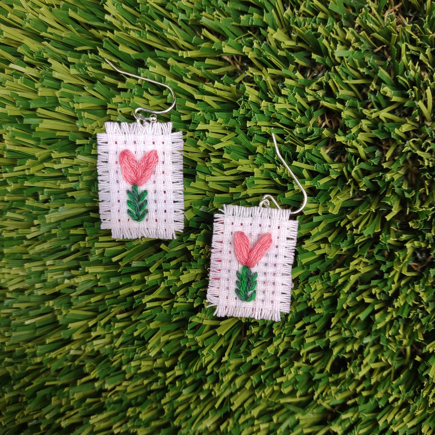 Hand Embroidered Pink Heart Flower Earrings