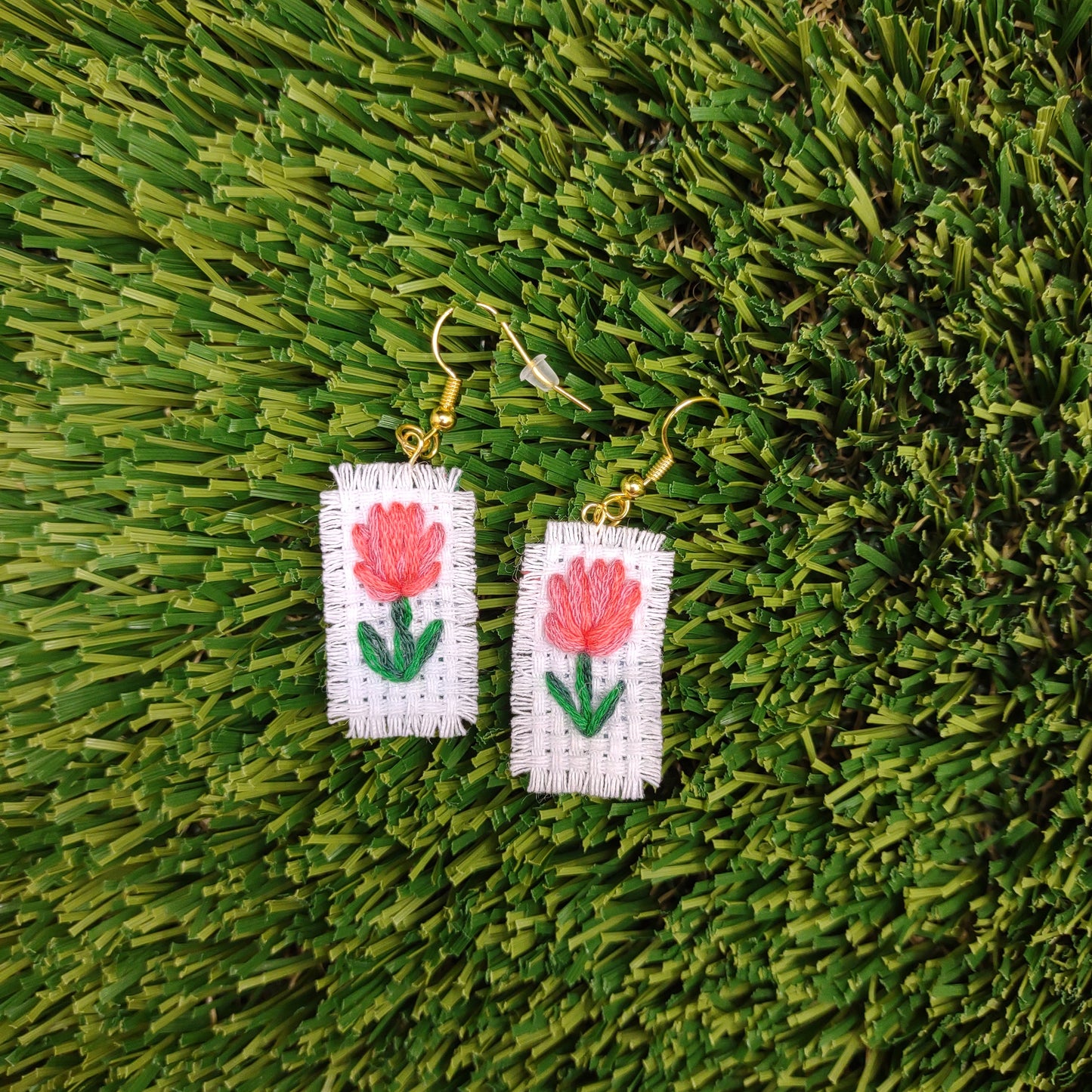 Hand Embroidered Pink Flower Earrings