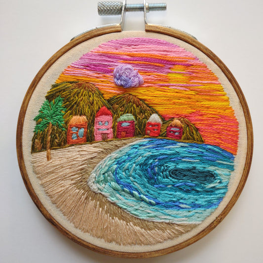 Pink Serenity Cove -Hand Embroidery Miniature Scenery Landscape Art- Wanderlust Collection