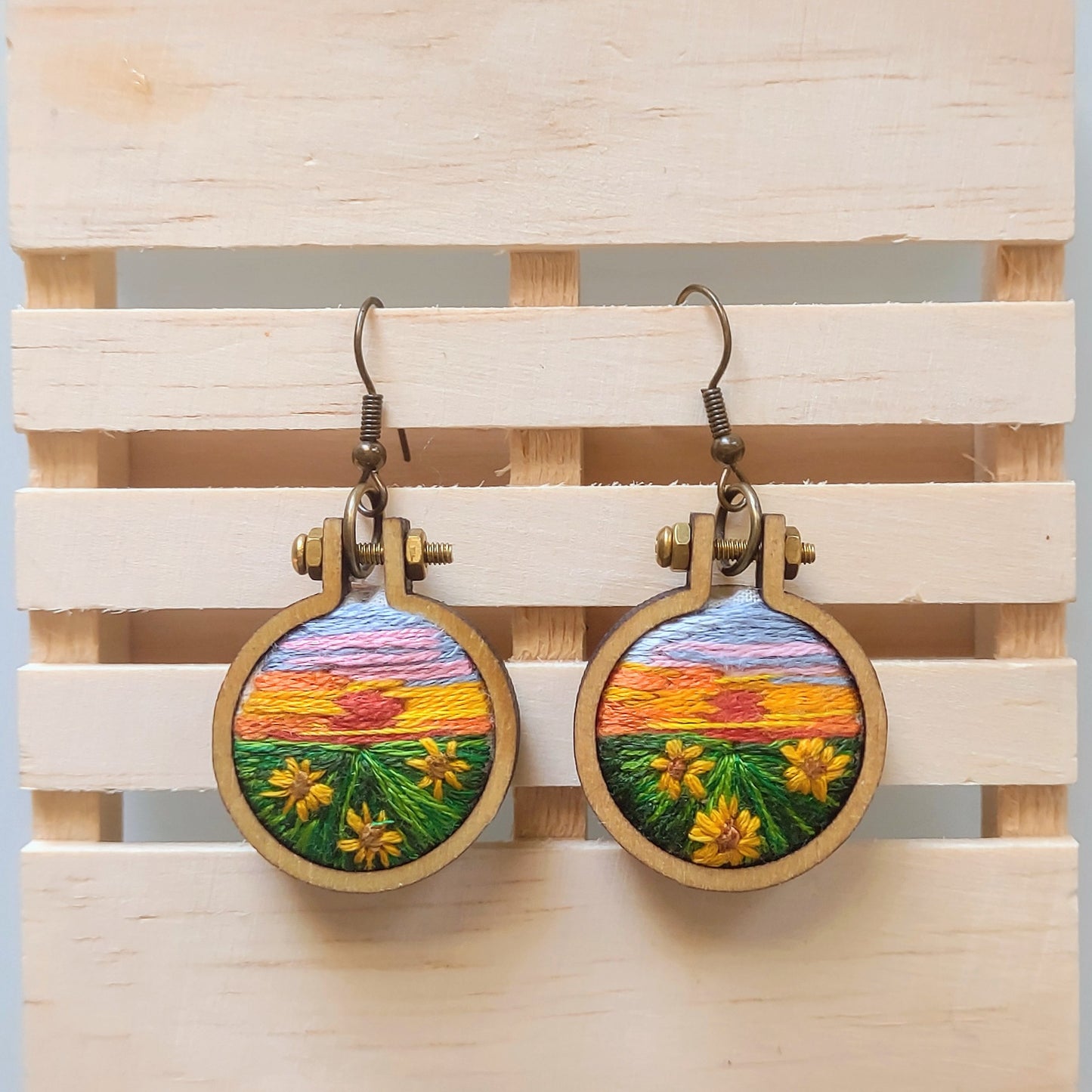 Sunflower Field Handmade Embroidered Landscape Pendant Necklace/ Earrings