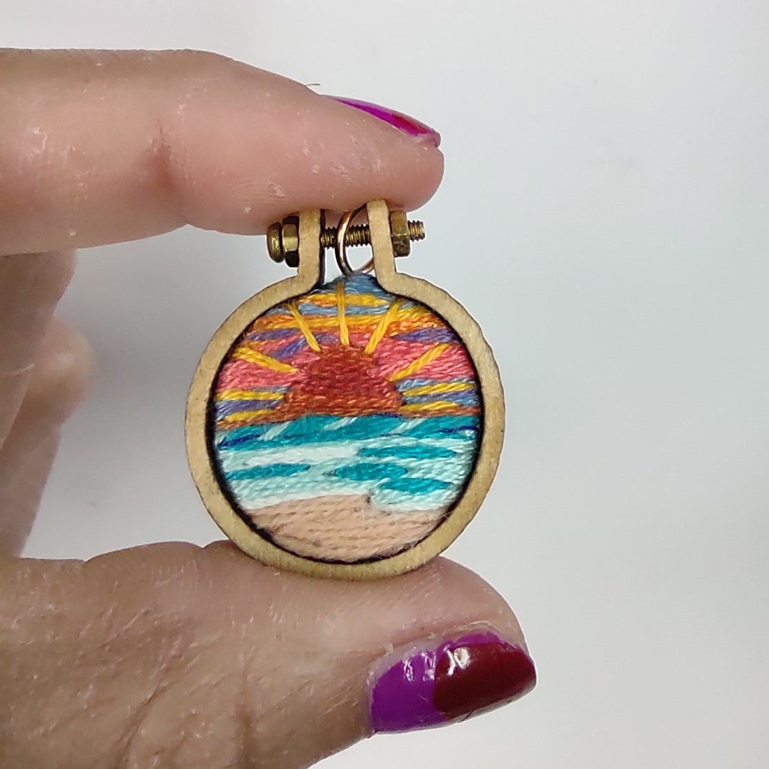 Handmade Embroidered Sunset by the Beach Landscape Pendant Necklace