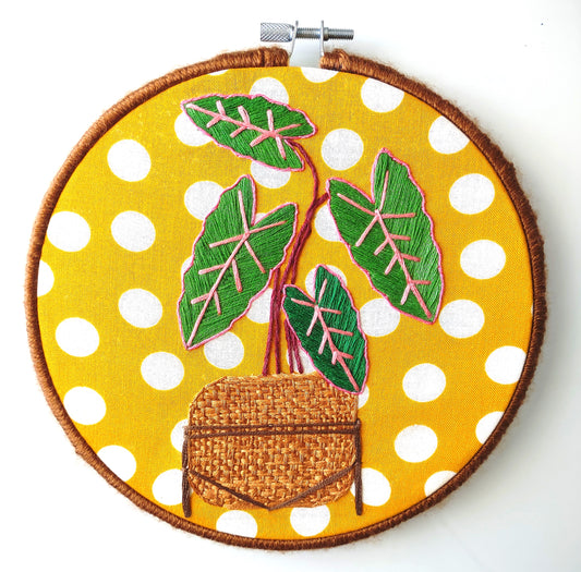 Rare Alocasia in Woven Basket  Handmade Embroidery