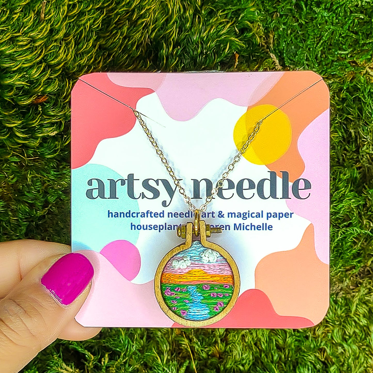 Handmade Embroidered Sunset Brook Flowers Landscape Pendant Necklace