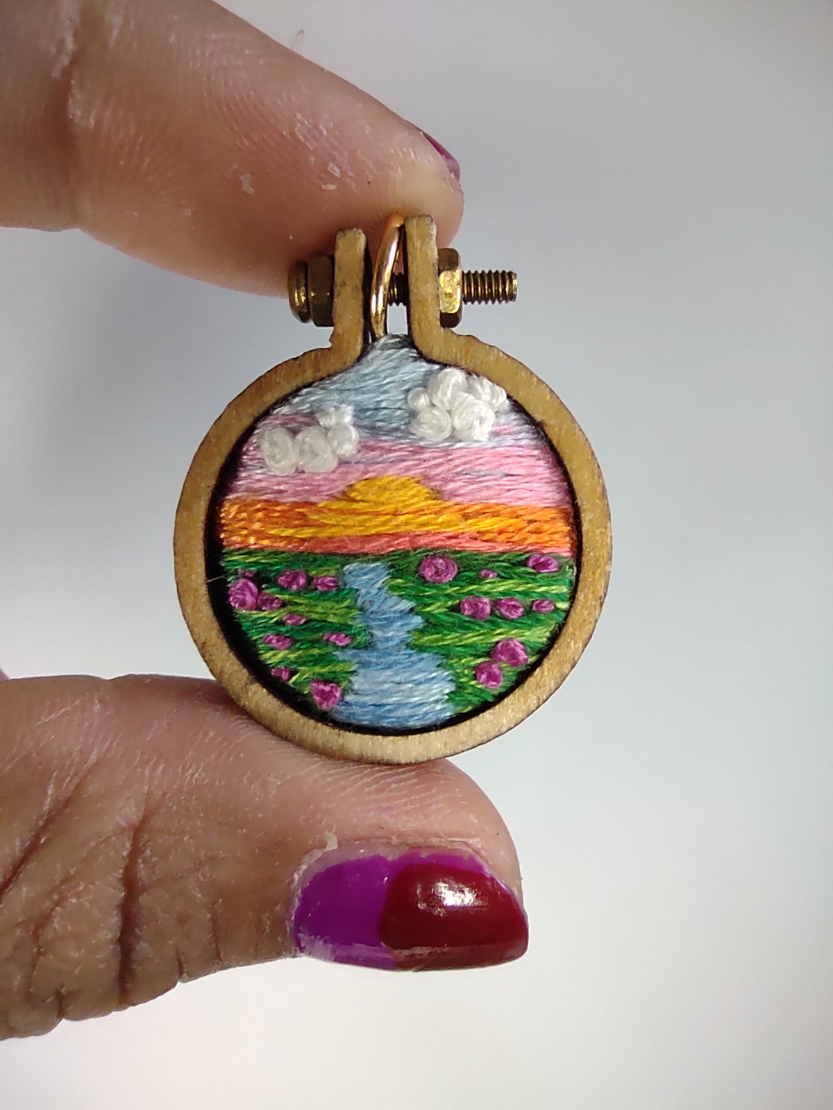 Handmade Embroidered Sunset Brook Flowers Landscape Pendant Necklace