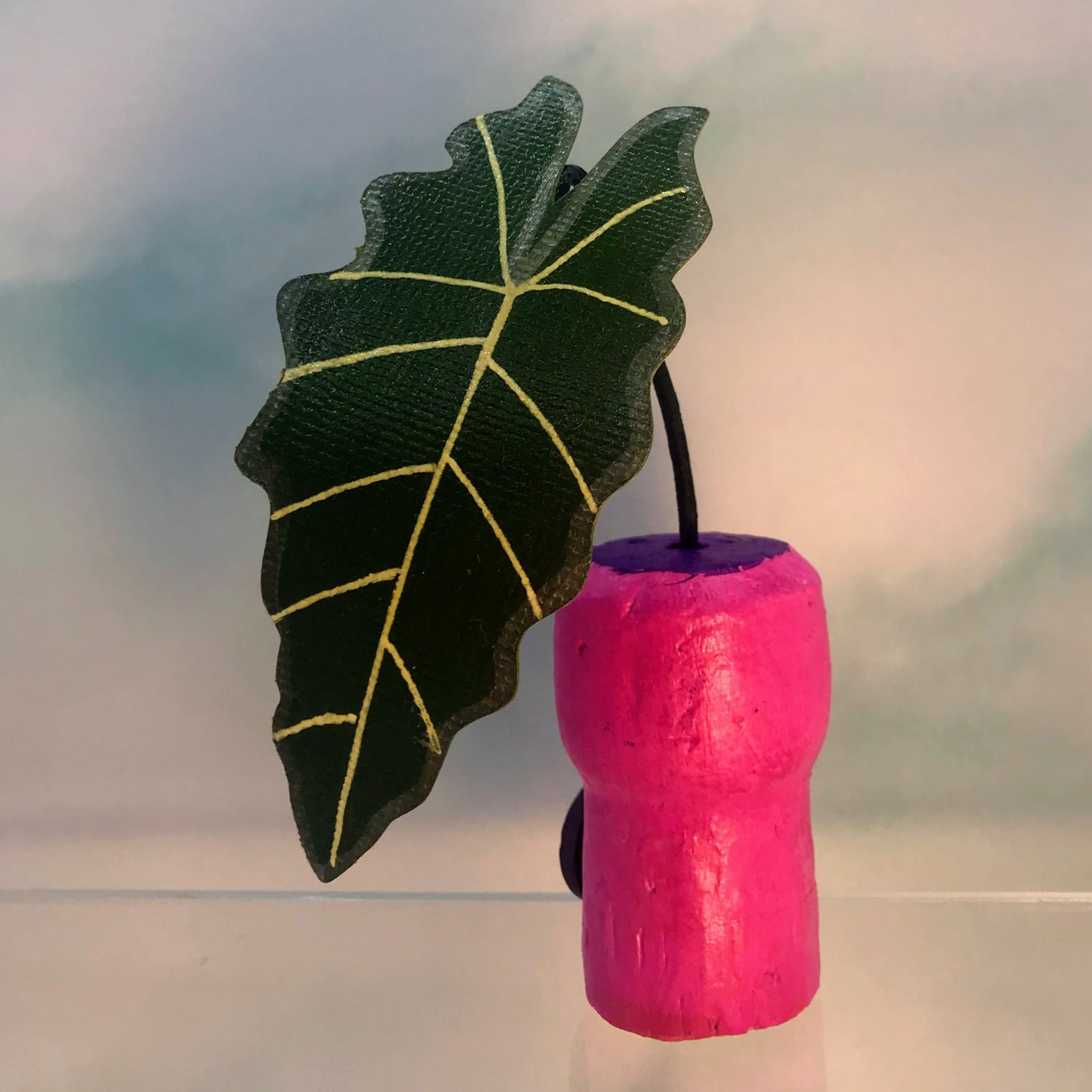 Cute Magical Alocasia Paper Plant in Hot Pink Upcycled Painted Cork- DECORATIVE MAGNET