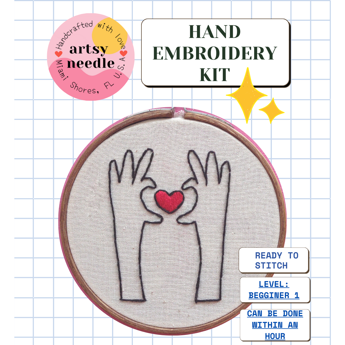 Hands Shape Love Hand Embroidery KIT for Beginners